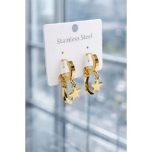 Gold Ay Yıldız Sallantılı Halka Küpe – Paslanmaz Çelik Şık Kadın Küpesi