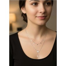 Ay Yıldız Figürlü Çift Katlı Gümüş Renk Kadın Kolye