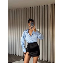 Esila Moda Kadın Mavi Saten Gömlek