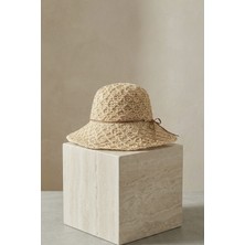 Mollycrush Kadın Bej Dantel Desenli Plaj Şapkası - Hasır El Yapımı Ayarlanabilir Bucket