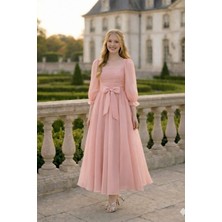 Tarz Çocuk Kız Çocuk Şifon Uzun Kollu Abiye Elbise – Belden Fiyonklu, Midi Boy Özel Gün Elbisesi (10-15 Yaş) – Pudra & Mint