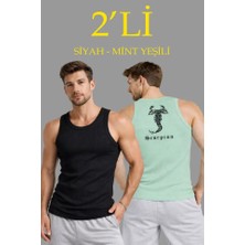 paris store Erkek Spor Fitilli Atlet 2li Set Siyah ve Mint Yeşili Slim Fit Kaşkorse Arka Baskılı Spor Atlet