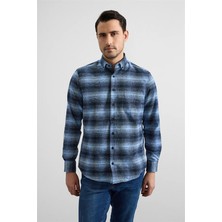 Süvari Lacivert Regular Düğmeli Yaka Kareli Casual Gömlek