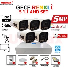 Unimax 5 Li Gece Renkli Görüş Warmled Güvenlik Kamerası Su Geçirmez Full Hd Güvenlik Kamerası Seti  320GB HDD
