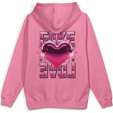 Overoz Fake Love Sırt Baskılı Kapüşonlu Oversize Sweatshirt Pembe Hoodie 1404