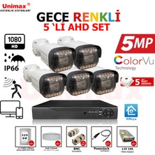 Unimax 5 Li Gece Renkli Görüş Warmled Güvenlik Kamerası Su Geçirmez Full Hd Güvenlik Kamerası Seti  320GB HDD