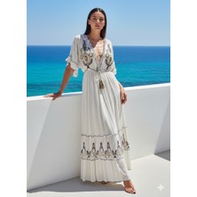 Fibula Zarif Otantik ve Bohem Işlemeli % Yüz Pamuk Standart Beden Ithal Maxi Elbise 36-44 Bedenler Arası Olur