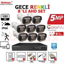 Unimax 8 Li Gece Renkli Görüş Warmled Güvenlik Kamerası Su Geçirmez Full Hd Güvenlik Kamerası Seti  320GB HDD