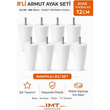 İmt Aksesuar Armut Mobilya Ayağı 8 Adet 12 cm Beyaz Robot Süpürgeye Uyumlu Koltuk Kanepe Baza Ayağı Seti