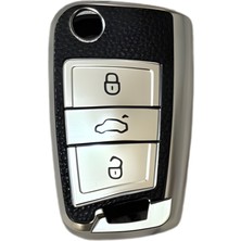 Autohan Keys Volkswagen Golf 7, Golf 7.5, Tiguan, Polo, T-Roc, T-Cross Için Lüks Anahtar Koruma Kılıfı, Siyah Deri Desenli