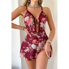 Aesco Bordo Çiçek Desenli Askılı Mini Gecelik 15949