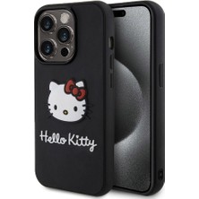 Apple iPhone 15 Pro Max Uyumlu Kılıf Hello Kitty Orjinal Lisanslı Yazı ve Ikonik Logolu 3D Rubber Kitty Head Kapak