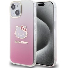Apple iPhone 15 Uyumlu Kılıf Hello Kitty Orjinal Lisanslı Yazı ve Ikonik Logolu Elektroplating Kaplama Gradyan Kapak