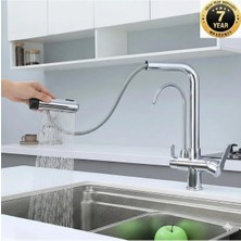 OEM Mutfak Evye Bataryası Dual Flow Su Arıtma Çıkışlı 5 Fonksiyon Fiskiye Spiralli 7 Yıl Garantili Ithal Krom Renk