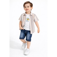 Chicsy Baby Tarz Gömlekli Çizgili Belden Ayarlanabilir Kısa Kollu Şortlu 3\'lü Takım Çocuk ve Bebek Giyim Özel Gü