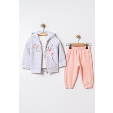 Chicsy Baby Bebek Mevsimlik 3’lü Takım Kalp Desenli Kapüşonlu Sweatshirt Baskılı Tişört ve Eşofman Altı