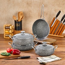 Taç Stone Tombik 7 Parça Tencere Seti Gri Granit Kaplama ile Ergonomik Tasarım ve Kolay Temizlik