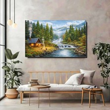 Artprinta Dağ Evi ve Şelale Manzaralı Kanvas Tablo – Doğa Temalı Panoramik Duvar Dekoru