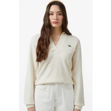 Lacoste Women's Classic Fit Polo Collar Cream Sweater Kadın Polo Yaka Clasic Fit Yün Kaşmir Kazak Krem
