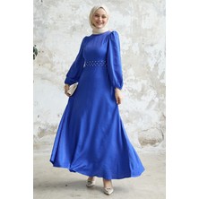 inStyle Taş Kuşaklı Simli Saks Mavisi Saten Elbise