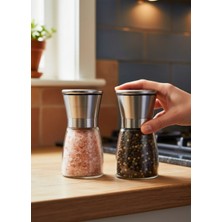 Jet's Home 2\'li Mini Set: 13 cm Cam ve Çelik Tuz Karabiber Değirmeni – Modern Kahvaltı ve Sunum Takımı