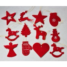 Mini Tasarım Atölyem 12'li Kırmızı Keçe Yılbaşı Ağacı Süsü Noel Figürleri ile Ev Dekoru