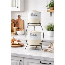 Decorev 2 Katlı Kulplu Patates Soğanlık Metal Patates Soğan Kovası Sebzelik Sepeti Krem