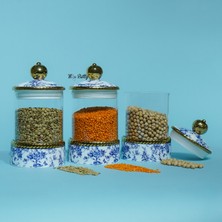 Miss Betty Blue Life 3'lü Cam Porselen Düz Kavanoz Takımı