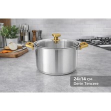 Net Çelik Cam Kapaklı Bakalit Saplı Derin  Çelik Tencere 24X14 cm