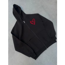 Aesco Üç Iplik Baskılı Fermuarlı Kapşonlu Hırka - Siyah