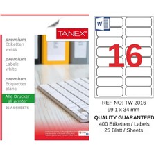 Tanex TW-2016 99,1X34 mm Inkjet / Laser A4 Etiket Yetkili Satıcı (25 Adet)