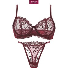 Valunor Kadın Iç Çamaşır Takımı Glam Bordo Askılı Dantelli Çiçekli Balenli Sütyen Takımı Bralet ve Tanga