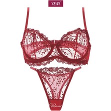 Valunor Kadın Iç Çamaşır Takımı Glam Kırmızı Askılı Dantelli Çiçekli Balenli Sütyen Takımı Bralet ve Tanga