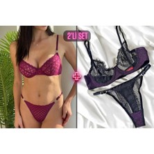 Valunor Spark Mor Dantelli + Mor Çizgili Desenli Dantelli Sütyen Esnek Askılı Bralet-Tanga 2'li Set