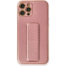 Bucuks Mey Ithalat®  iPhone 12 Pro Kılıf Coco Karbon Standlı Kapak - Pembe