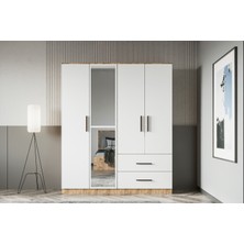 Zita 4 Kapaklı Gardırop - Antık Cam & Mat Beyaz - Çekmeceli Raflı Aynalı