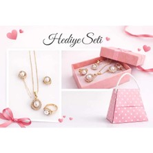 Kadın Inci Detaylı Kolye, Küpe ve Yüzük Hediye Seti – Özel Pembe Kutulu