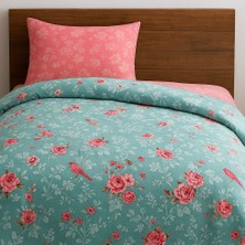 Fugo Concept Bienline Happines Tek Kişilik Pamuklu Nevresim Takımı - Turkuaz Gül Desenli 160X240 Düz Çarşaflı Set