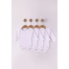 Kidello Beyaz Zıbın Organik Uzun Kollu Bady % 100 Pamuk Kumaş Ekonomik Basic Unisex Kız ve Erkek Bebek 4 Lü Body Zıbın 1 Ay 3 Ay 6 Ay 9 Ay