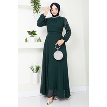 inStyle Kolları Taşlı Pullu Zümrüt Yeşili Şifon Abiye