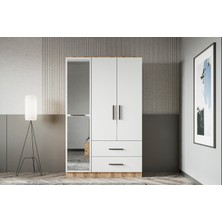 Zita 3 Kapaklı Gardırop - Antık Cam & Mat Beyaz - Çekmeceli Raflı Aynalı