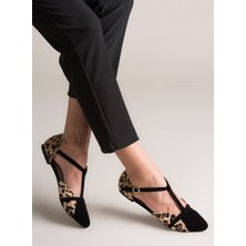 Fox Shoes Leopar/Siyah Kadın Babet Süet Malzeme ile Neolit Tabanlı Rahat Ayakkabı