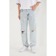 Difransel Jeans Erkek Dizi Yırtık Açık Mavi Baggy Pantolon