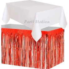 Parti Station Masa Örtüsü ve Masa Eteği Plastik Beyaz Renk Masa Örtüsü Kırmızı Renk Metalize Sarkıt Masa Eteği Set