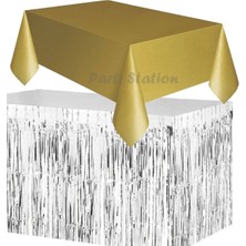 Parti Station Masa Örtüsü Masa Eteği Plastik Altın Gold Renk Masa Örtüsü Gümüş Renk Metalize Sarkıt Masa Eteği Set