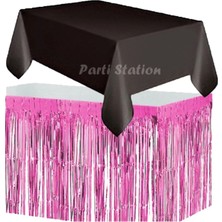 Parti Station Masa Örtüsü ve Masa Eteği Set Plastik Siyah Renk Masa Örtüsü Pembe Renk Metalize Masa Eteği Set