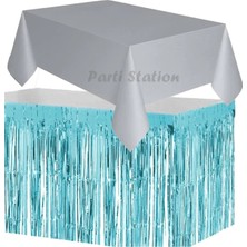 Parti Station Masa Örtüsü ve Masa Eteği Set Plastik Gri Renk Masa Örtüsü Mavi Renk Metalize Sarkıt Masa Eteği Set