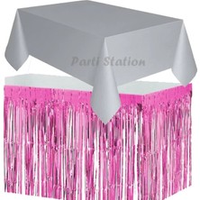 Parti Station Masa Örtüsü ve Masa Eteği Set Plastik Gri Renk Masa Örtüsü Pembe Renk Metalize Sarkıt Masa Eteği Set