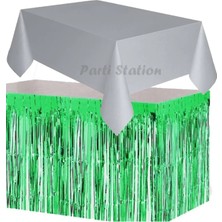 Parti Station Masa Örtüsü ve Masa Eteği Set Plastik Gri Renk Masa Örtüsü Yeşil Renk Metalize Sarkıt Masa Eteği Set