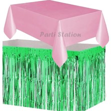 Parti Station Masa Örtüsü ve Etek Set Plastik Pembe Renk Masa Örtüsü Yeşil Renk Metalize Sarkıt Masa Eteği Set